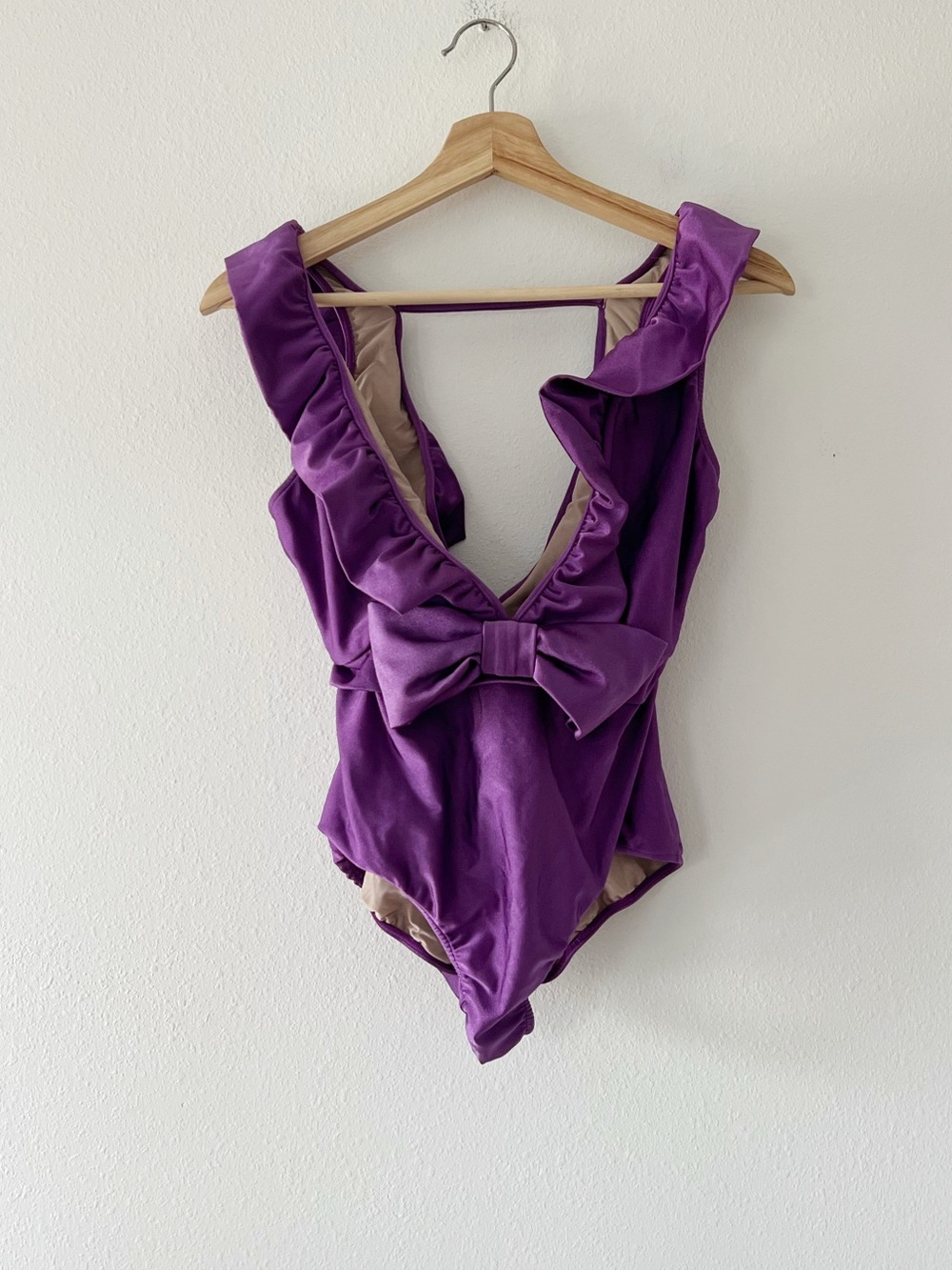 ADRIANA DEGREAS | Purple Plunge Ruffle One Piece Bow Swimsuit | L